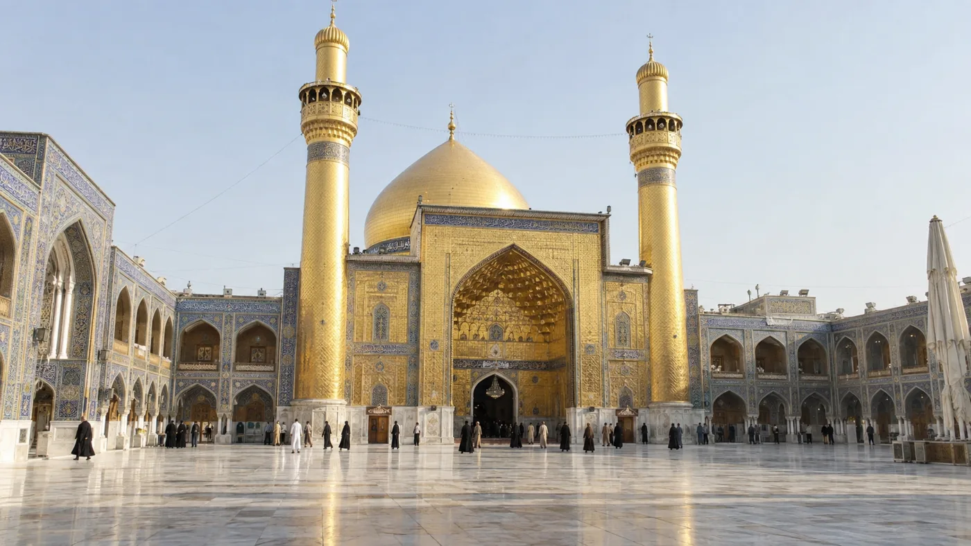 Darstellung eines weiten Vorhofs mit goldener Kuppel und zwei Minaretten